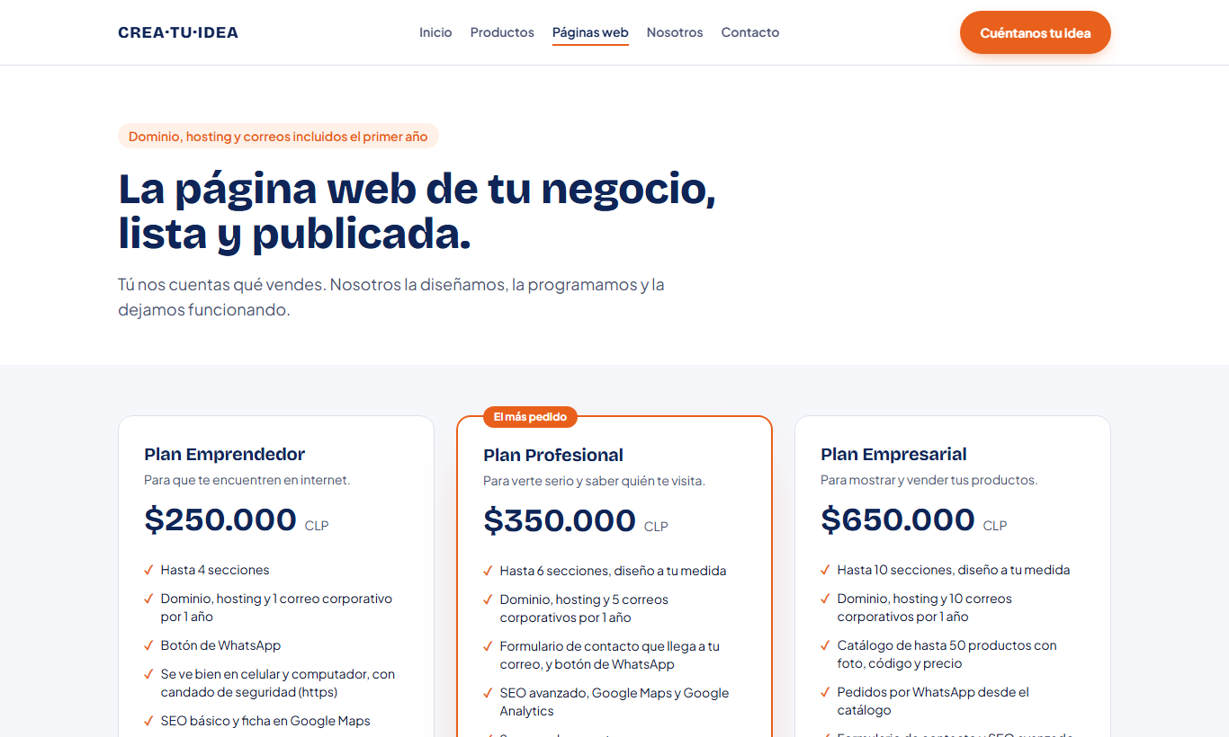 Página de planes de páginas web